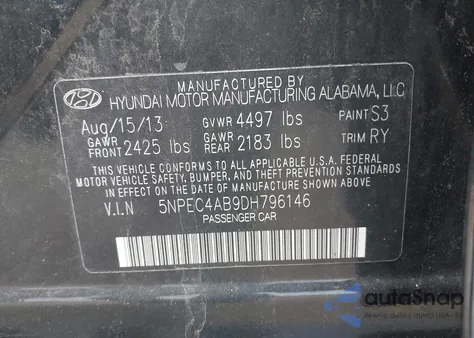 2013 Hyundai Sonata Se 2.0T from USA, damaged, VIN 5NPEC4AB9DH796146